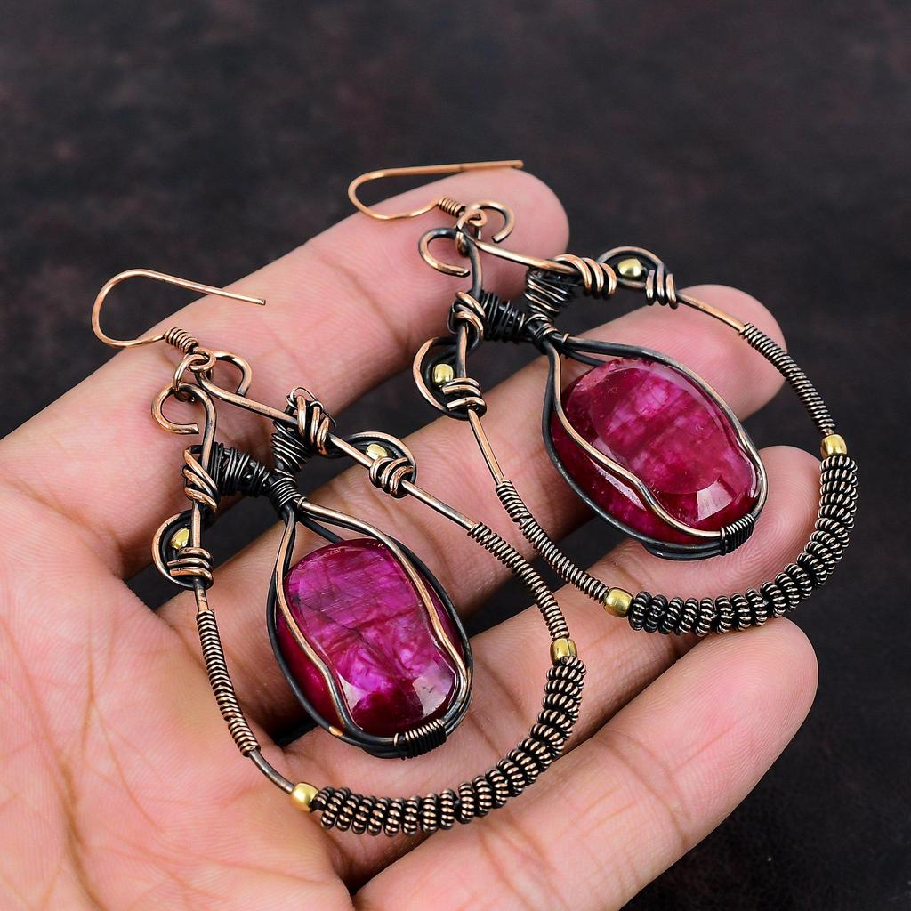 Faceted Kashmir Ruby Earring Copper Wire Wrapped Jewelry Gemstone Earrings Handmade Jewelry Copper Earring Gift For Women Wire Wrap Earring