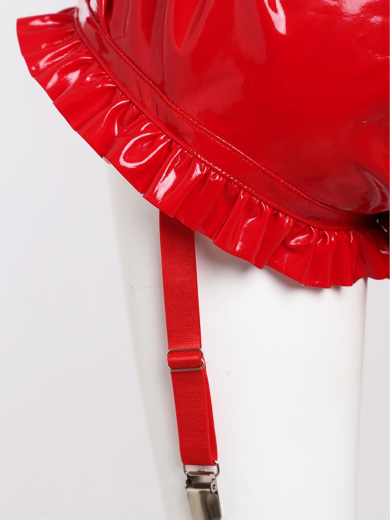 Women's Wet Look PU Leather Briefs S-3XL: Ruffled Trim Ruched Bloomer Shorts with Garter Clips Glossy Nightwear for Nightclub Rave Party