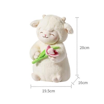 Boneca super macia doce ovelha branca lam hold tulipa flor pelúcia boneca cordeiro macio pelúcia com tulipa brinquedo de pelúcia presente bonito para criança