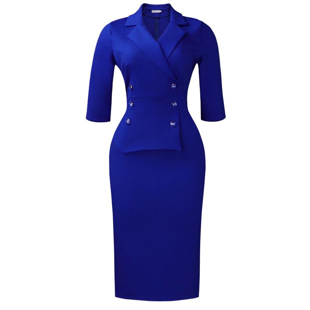 Plus-Size Elegant Double-Breasted Hip-Hugging High-Waisted African Dress with Lapel and 3/4 Sleeves