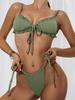 Neuer Damen einfarbiger Neckholder-Bikini 3-teiliges Set - High-Waist Mesh Split Badeanzug