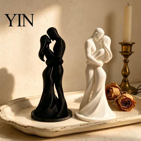 Durable Couple Figurine 3D Printed Black & White Hugging Statue, Minimalist Modern Sculpture with Abstract Embrace Love Form, Romantic Desk Decor for