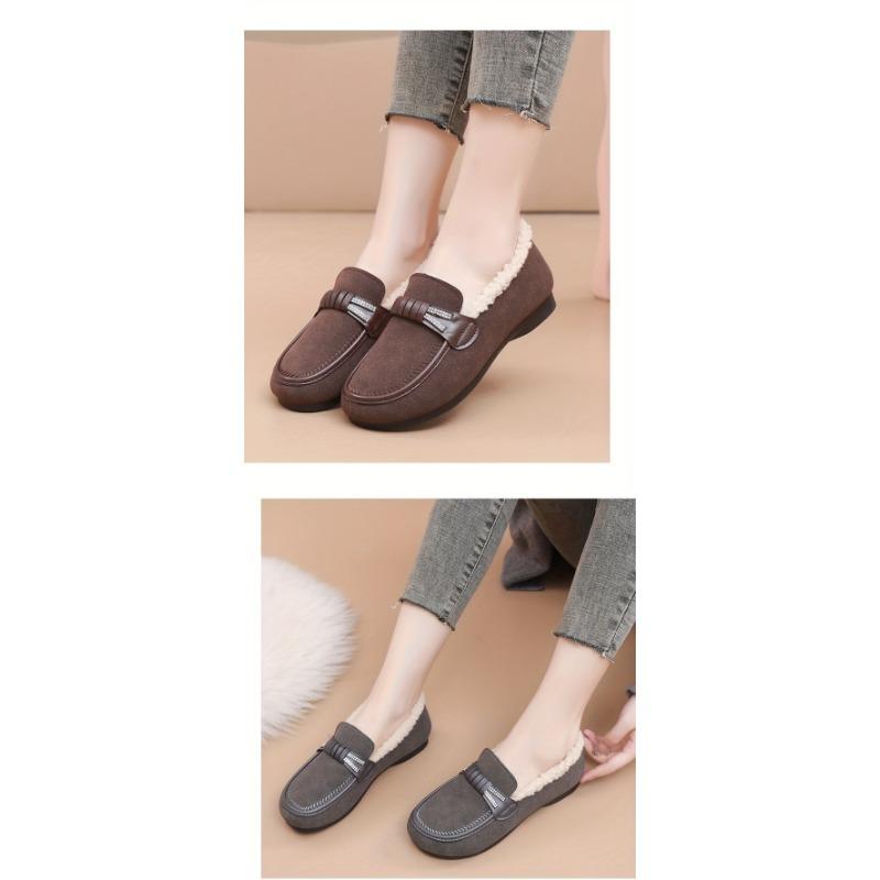 Women's Plush Lined Flat Shoes,Solid Colour Winter Warm Slippers,Warm Outdoor Flat Shoes