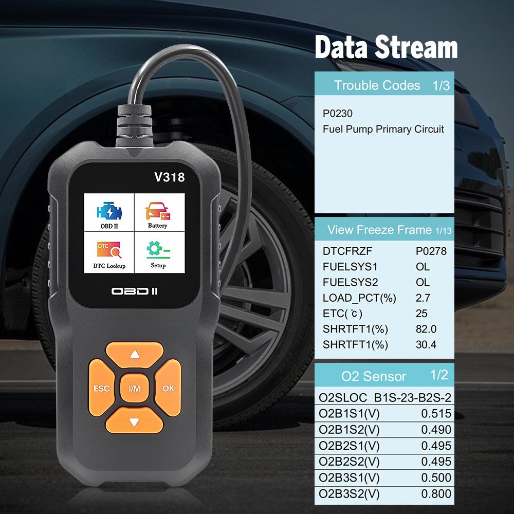 V318 Cititor de coduri OBD Scanner auto cu ecran color, 10 limbi și 9 protocoale pentru detectarea erorilor