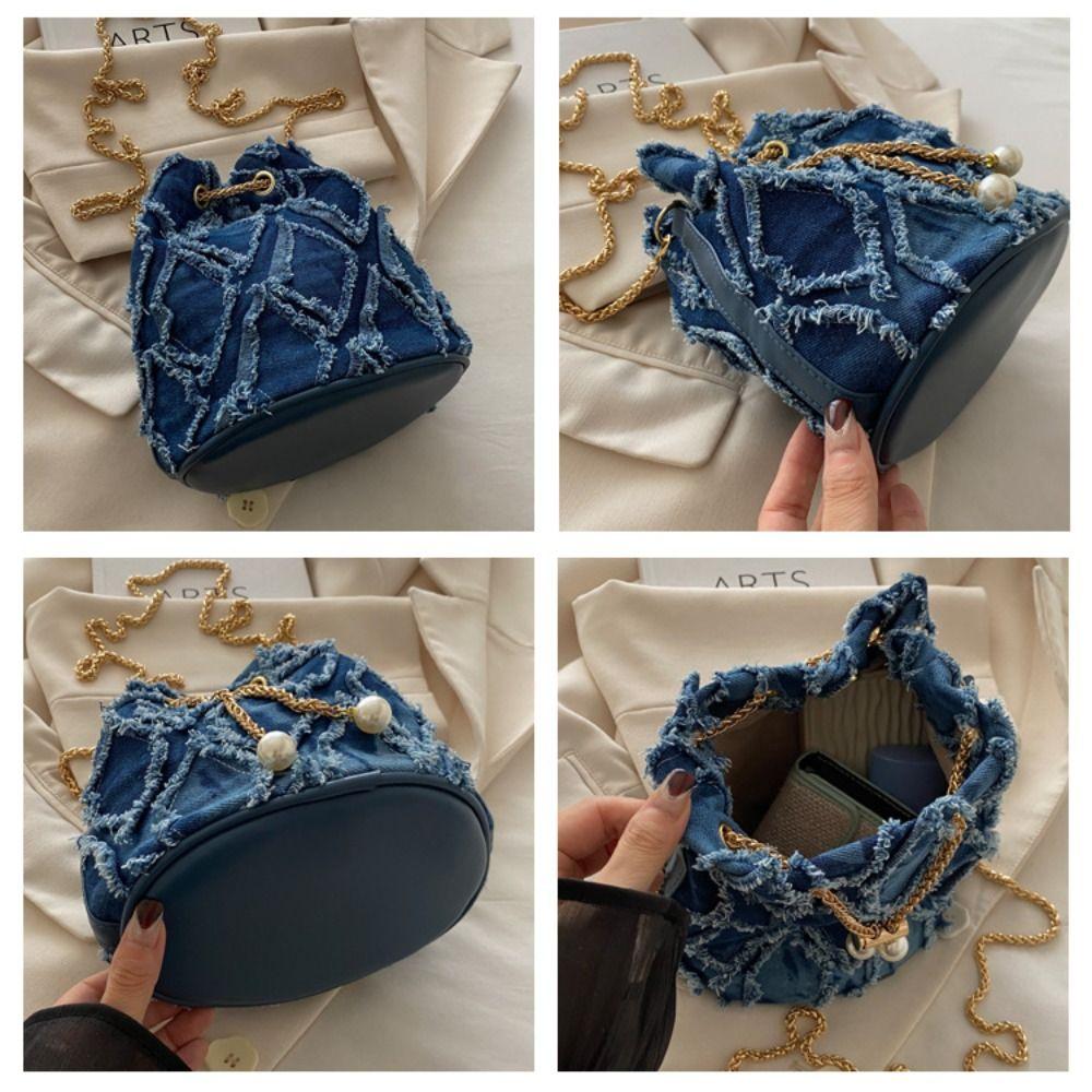 Chain Tassel Denim Crossbody Bag Handbag Cloth Shoulder Bag Elegant Denim Bucket Bag Wedding