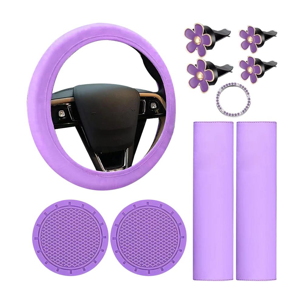 10Pcs Leather Steering Wheel Cover For Women Cute Car Accessories Set With Seat Belt Shoulder Pads Cup Holders Car Decorations
