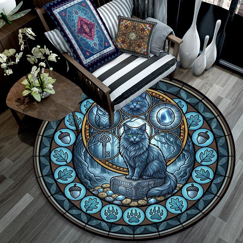 Glass Cat Mandala Round Area Rug Under Office Chairs Bedroom Living Room Home Decor
