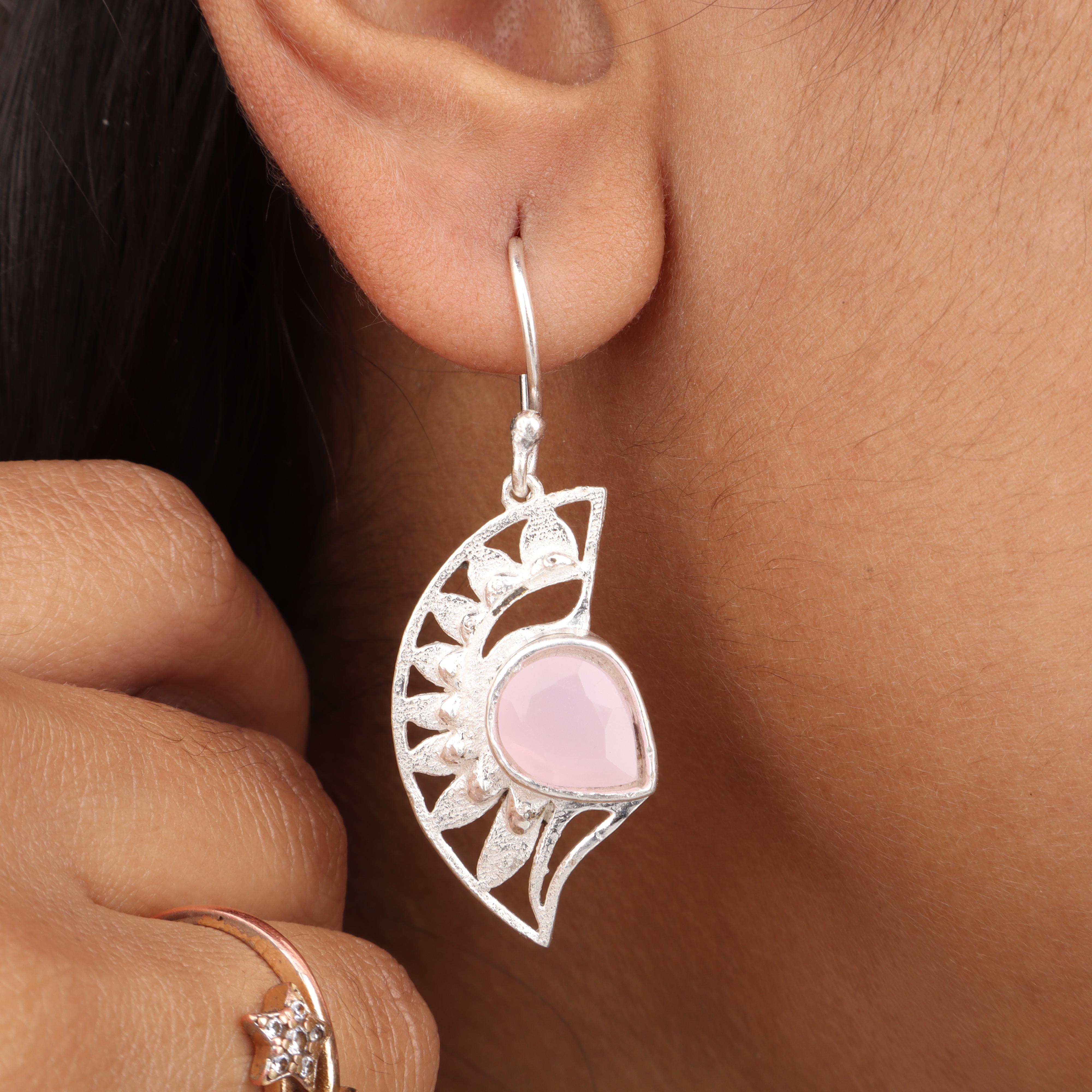 Natural Rose Chalcedony Gemstone Silver Dangle Earring 1.5  925 Sterling Silver Women Jewelry CE-26-18