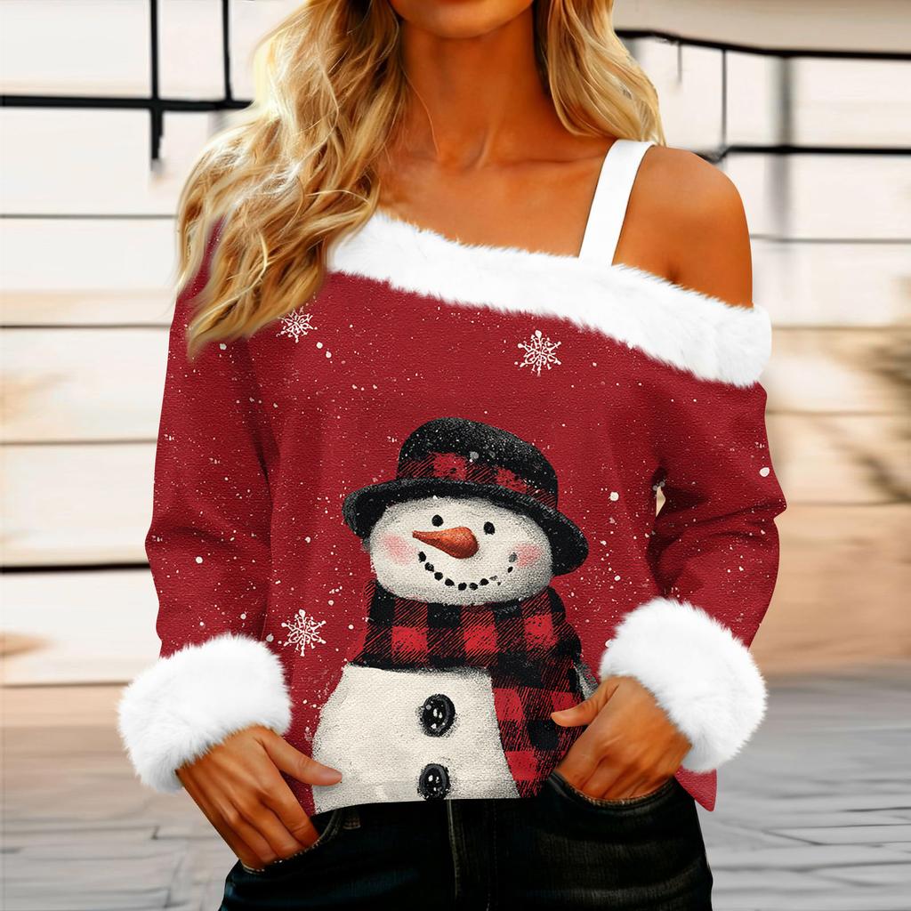 Dámská ležérní móda Sexy top s odhalenými rameny a vánočním vzorem, s dlouhým rukávem a kulatým výstřihem