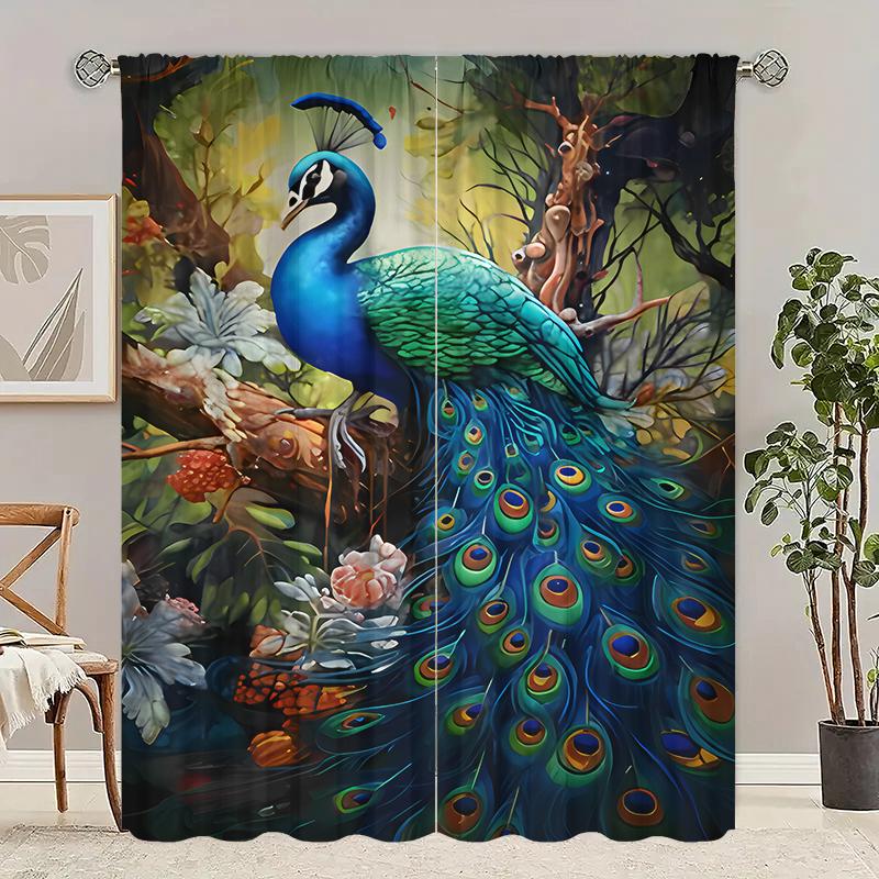 2pcs- Vitality Peacock Polyester Curtains, pole bag curtains 42*84, bedroom, living room, home room decoration