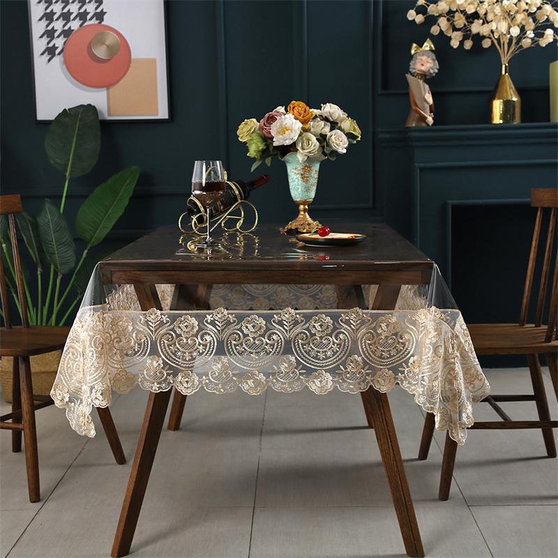 Pvc Tablecloth Rectangle Waterproof Transparent Round Dining Table Cloth Soft Champagne Lace Embroidered Oil -Proof Table Cover