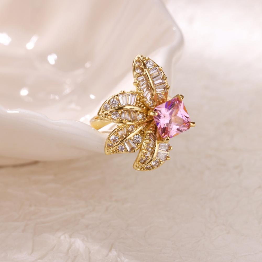 Pink Zircon Flower Rings For Women Gold Color Metal Opening Couple Ring Aesthetic Wedding Christmas Jewelry