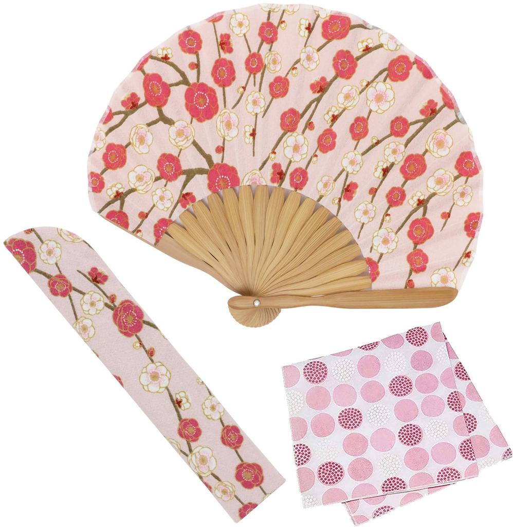 Folding fan for fan fan set with crepe komon plum [Osaka Choseido] women, stylish, business, bag, holder, handkerchief, (weeping pink)