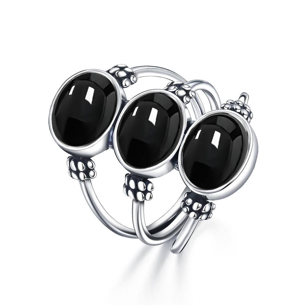 Vintage 925 Silver Ring Natural Black Onyx Ring Oval Round Stone Retro Fine Jewelry Gift Sun Shaped For Women Men 6