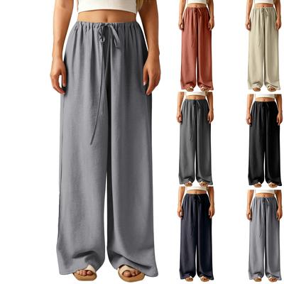 Pantalones Anchos Holgados para Mujer Casuales Holgados de Algodón Lino con Cordón Sin Bolsillos