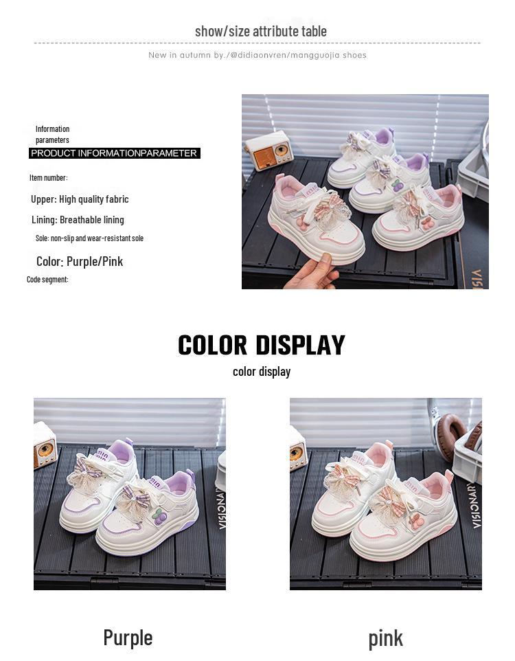 2026 Spring Girls' White Sports Shoes with Bow Knot - Trendy Casual Sneakers for Kids and Teens