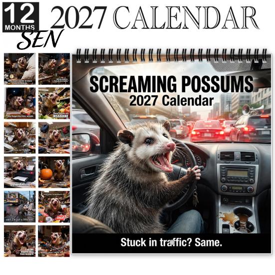 Funny Animal Monthly Planner Screaming Opossums Wall Calendar 2027, Possum Photography with Novelty Gift for Friends 12 Month Layout And Thick
