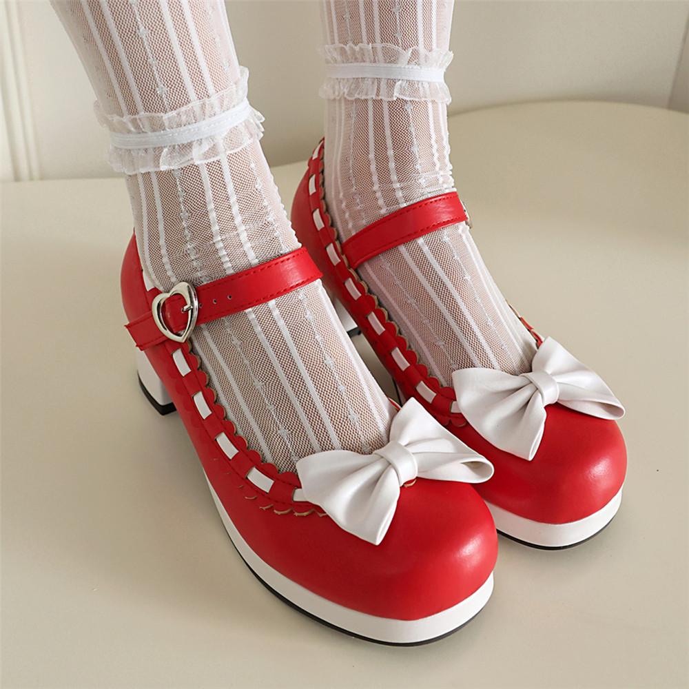 Fashion Girls Sweet Med Heel Ruffles Lolita Shoes Cute Bow Mary Jane Pumps Bride Wedding Cosplay Party Red Pink Black Green Size 34-48