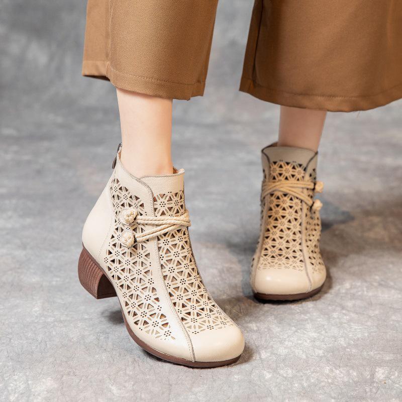2025 Summer Genuine Leather Peep-Toe Perforated Mid-Heel Sandals - Women's Retro Chunky Heel Martin Boots.