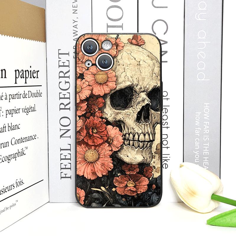 Retro Gothic Night Flower Skull Head Printed Phone Case for iPhone 17 16 12 11 14 Plus 13 14 15 Pro Max Mini X Floral Soft Cover