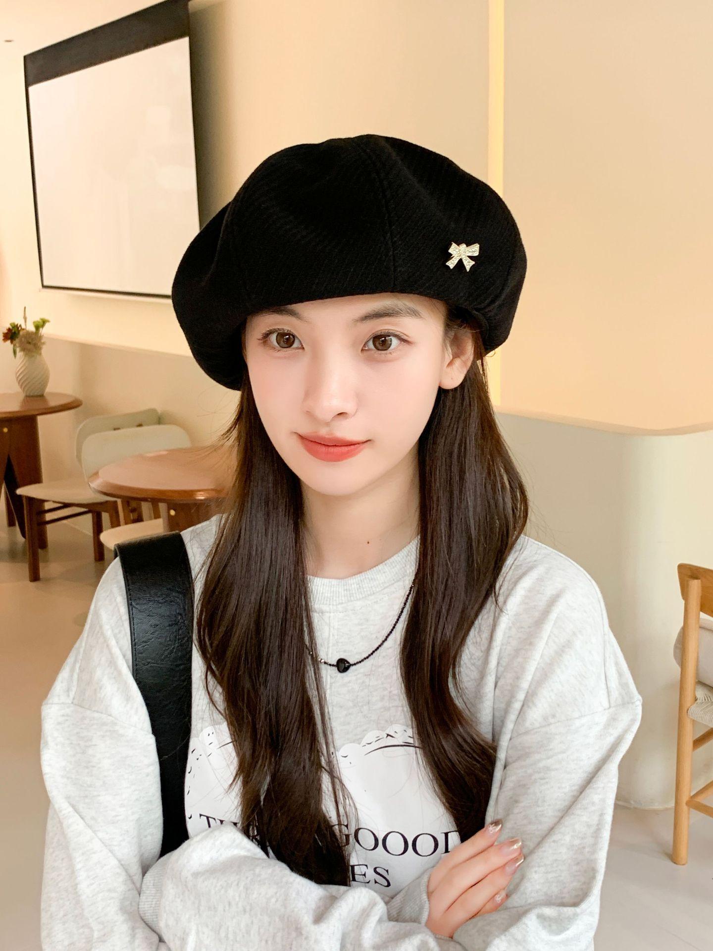 

Облако большая версия берет женский осенне-зимний литературный и ретро шляпа художника сращивание купола показывающий лицо маленькая шляпа-тыква One Size чёрный