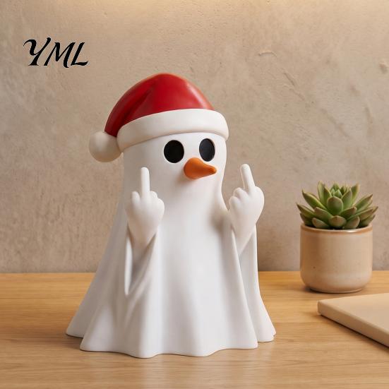 Whimsical Desk Sculpture Christmas Ghost Pen Holder with Santa Hat, Funny Desktop Organizer, Office Accessories Halloween Tabletop Statue, Holiday