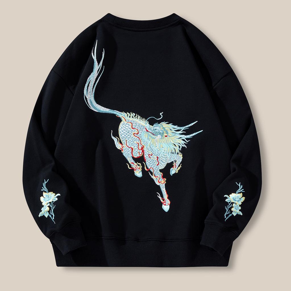 Kirin Printed Hoodie Men's Chinese Style Loose Trendy Large Size Sweatshirt Men's Round Neck Youth Hoodies