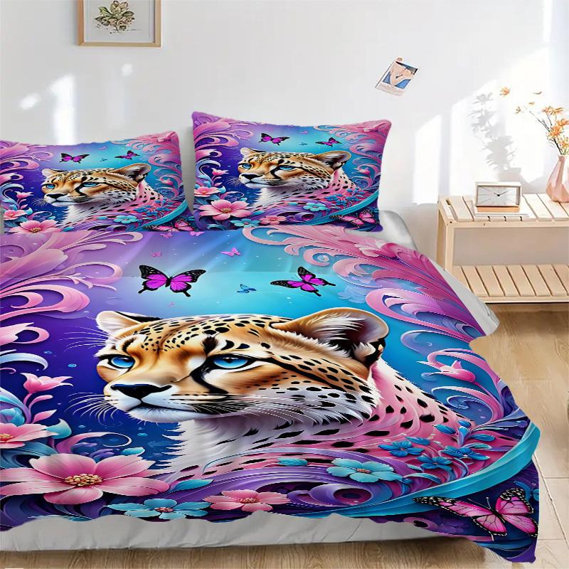 

3pcs Cheetah Art Print Bedding Set - 1 Duvet Cover + 2 Pillowcases(Core Not Included), Machine Washable Polyester yy251216184 135x200cm