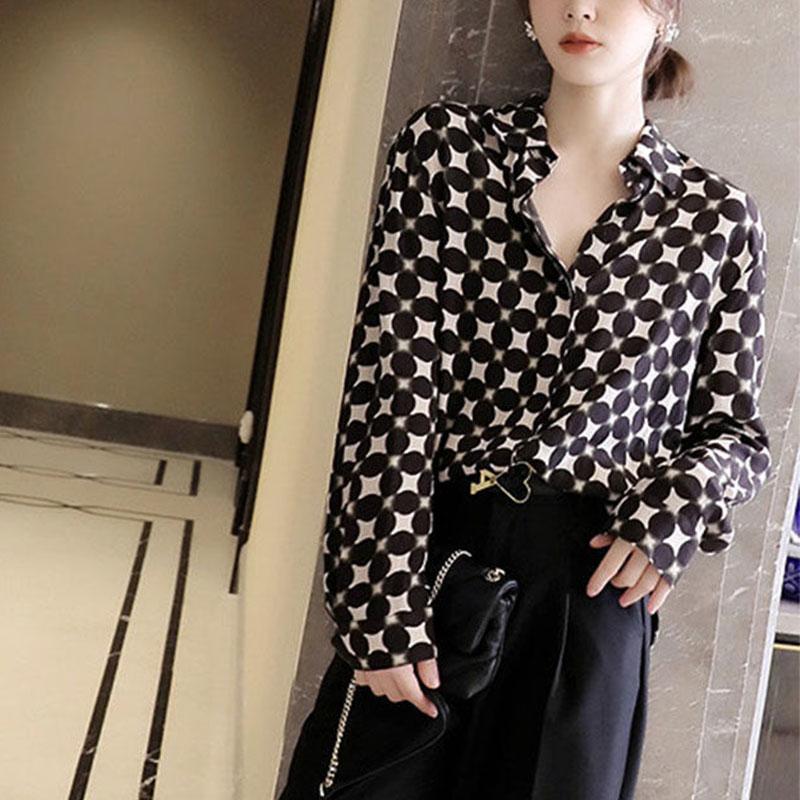 Office Lady Polka Dots Printing Fashion Women Chiffon Shirt Spring Summer Loose Long Sleeves Lapel Female Blouse Clothing 2022