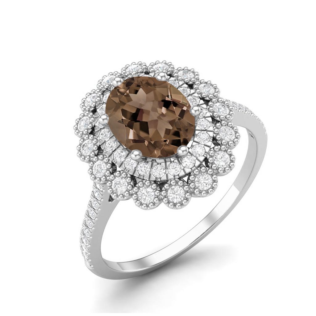 8X6mm Oval Smoky Quartz 925 Sterling Silver Solitaire Halo Floral Engagement Women Ring
