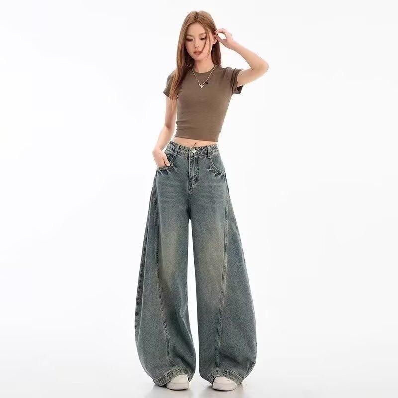 Retro washed high-waisted wide-leg jeans women's new commuter loose straight floor-mopping pants