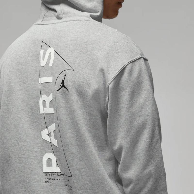 Jordan x Paris Saint-Germain Front Logo Fleece Pullover Hoodie Dark Grey Heather Men Streetwear DM3096-063