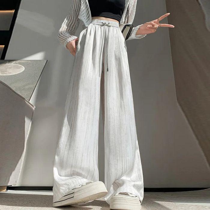 Pantaloni cu picior larg din mătase de gheață satinată cu imprimeu cerneală, stil subțire pentru vara 2025, design cool Yamamoto cu drapaj plisat.