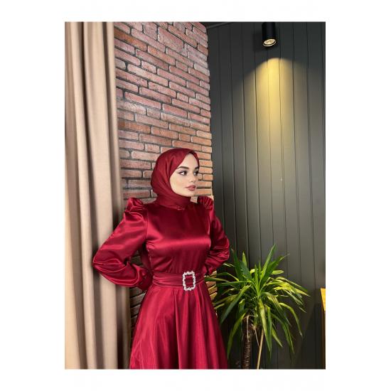 Women's Satin Hijab Evening Dress with Stone Buckle Waist and Flared Skirt