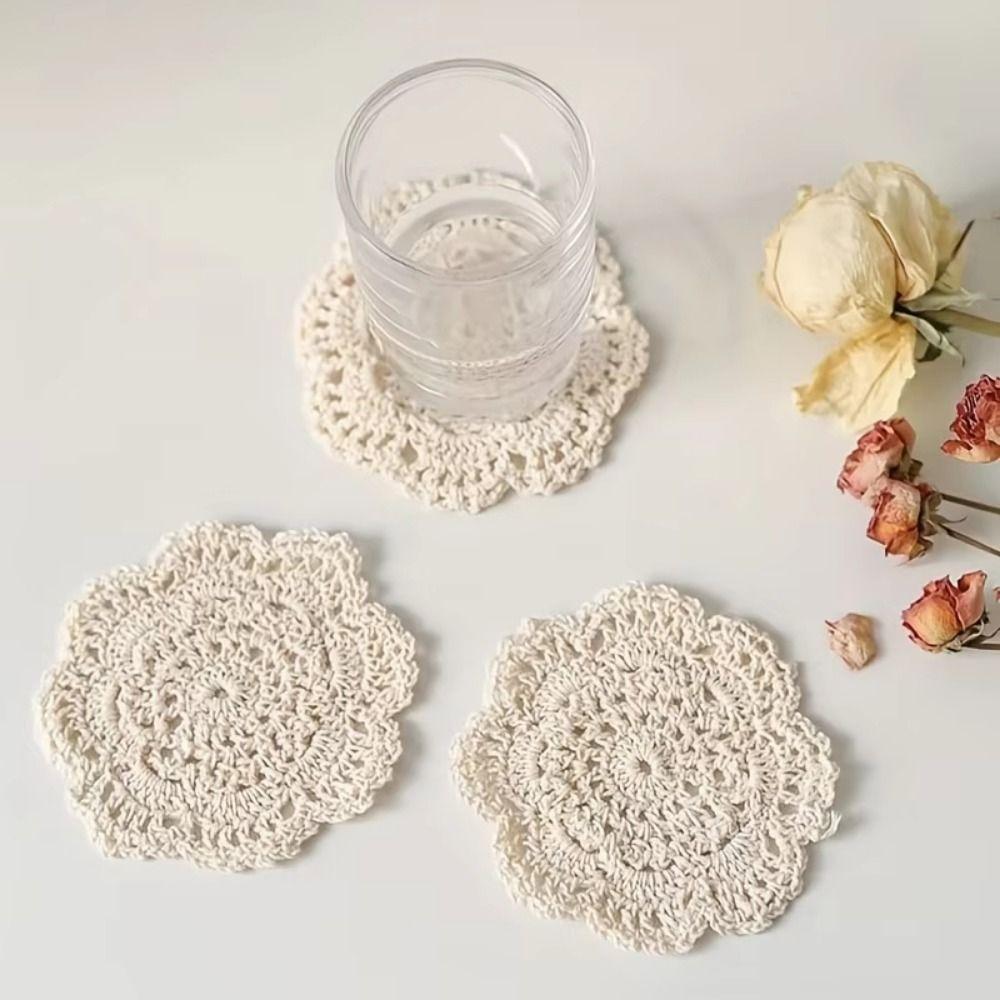 2/4Pcs Knitted Texture Lace Floral Coasters Vintage Round Woven Placemats Wedding Party