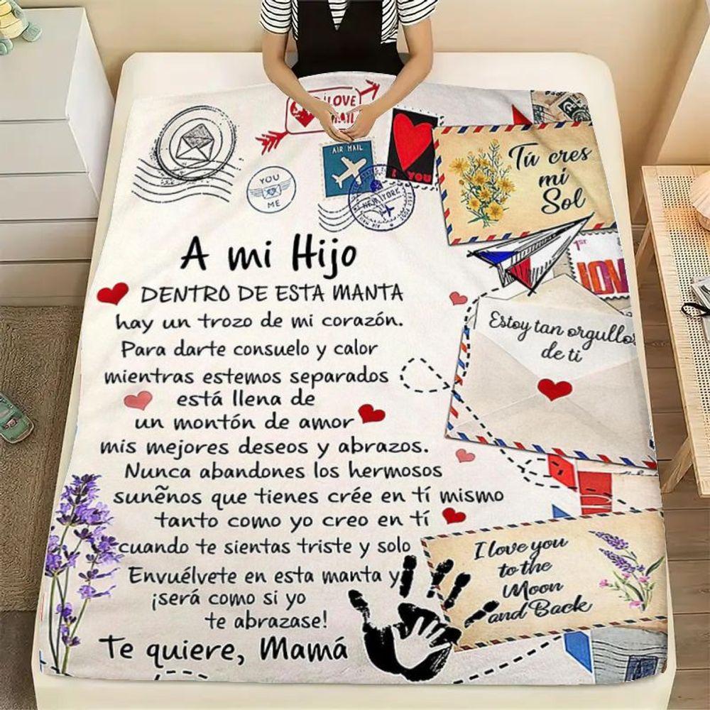 Heartfelt Son Blanket with Love Notes and Warm Messages - Soft Cozy Throw with Vintage Design Featuring 'A mi Hijo' and Adorable