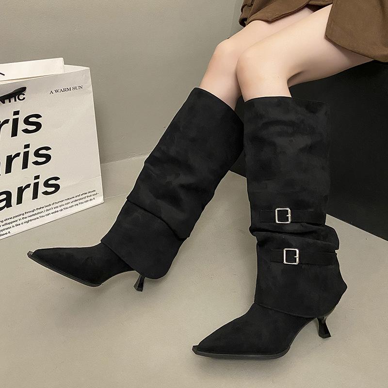 Korean Version Suede Pleated Piled Boots Long Boots Women's Autumn and Winter New Suede Two Wear Thin Heel Back Zipper High Heel Women's Boots
