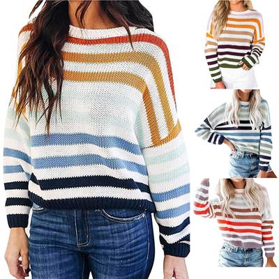 Women Striped Color Block Sweater Knitwear Patchwork Pullover Tops