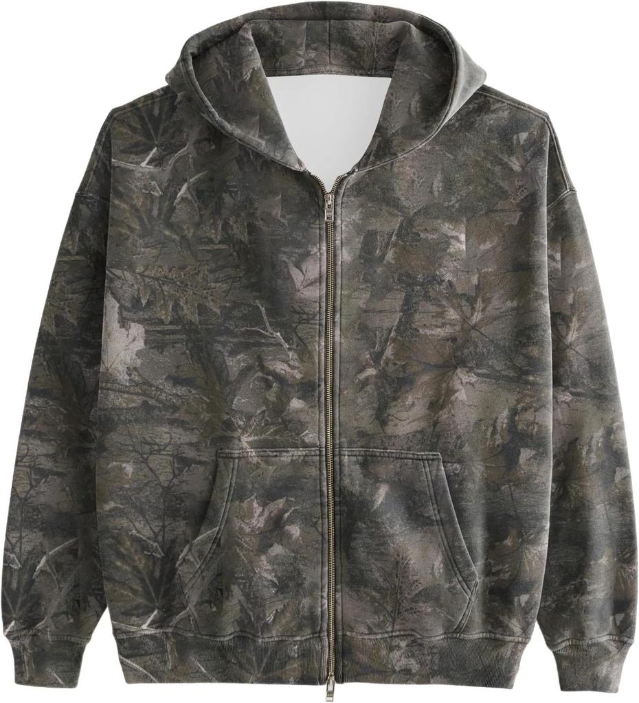 Women's Men's Camo Zip Hoodie Maple Leaf Print Oversized Hooded Sweatshirt Wool Long Sleeve Jacket