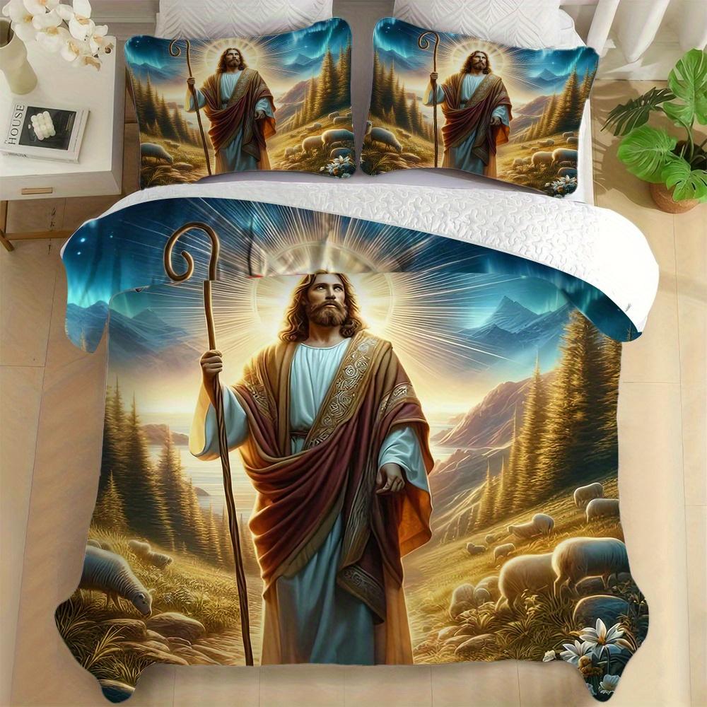 

2Pcs/3Pcs Jesus Quilt Cover Set - Soft Polyester Bedding With Inspirational Religious Art Sunset Landscape Design EU Single(135*200cm)3pcs
