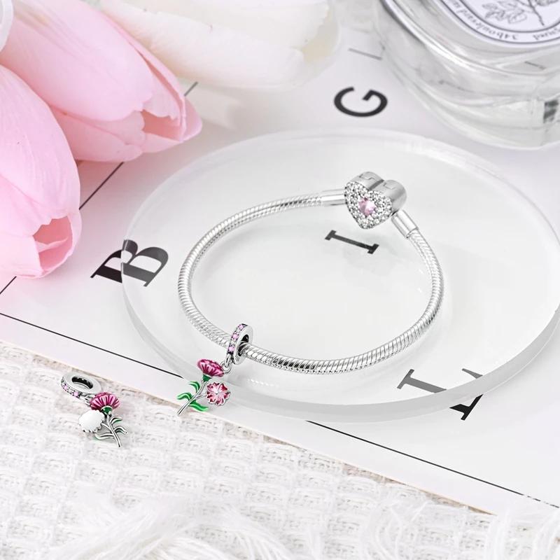 Original Charmscopper Purple Carnation Plant Pendants Fit Charms Platabracelets For Women Women Jewelry Making Diy
