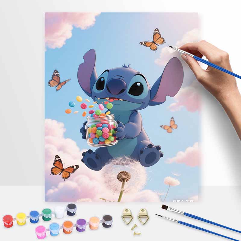 Disney Digital Oil Painting Art Kit Stitch Holding Candy Butterflies Sky Hand Filled Home Decor