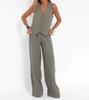 Completo in Lino da Donna - Completo 2 Pezzi Camicia Bottoni Scollo a V Senza Maniche Pantaloni Vita Alta Gamba Larga Set Coordinato