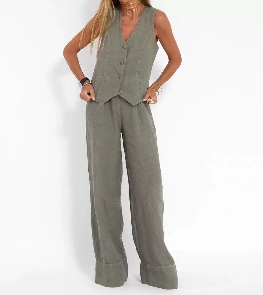 Completo in Lino da Donna - Completo 2 Pezzi Camicia Bottoni Scollo a V Senza Maniche Pantaloni Vita Alta Gamba Larga Set Coordinato