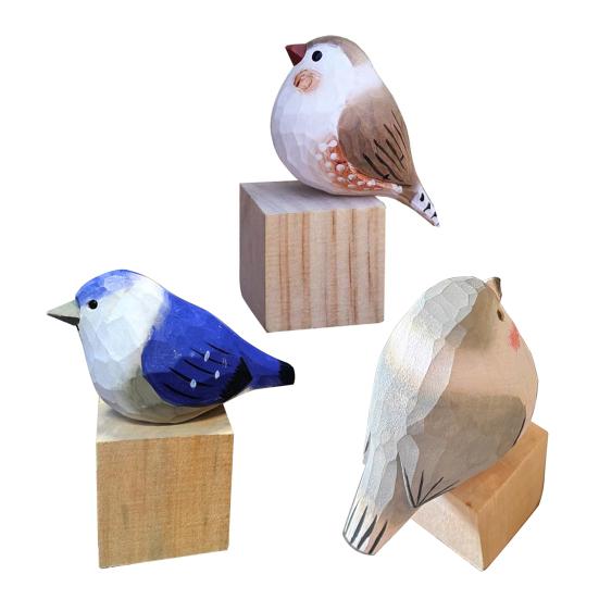 Hand-Carved Painted Wooden Bird Figurine Rustic Small Zebra Finch Statue Sculpture Ornament Decoration for Home Office Living Room
