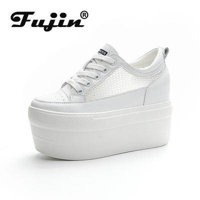 Fujin 12 cm Frauen Sommer Air Mesh Mode Ins Weiß Schwarz Echtes Leder Chunky Sneaker Hohl Atmungsaktive Plattform Keil Schuhe