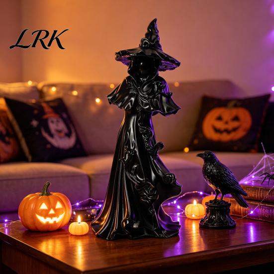 Mystical Tabletop Decor 12 Inch Black Resin Faceless Witch Figurine, Gothic Spooky Robed Statue with Figurine for Halloween Pointed Wizard Hat,