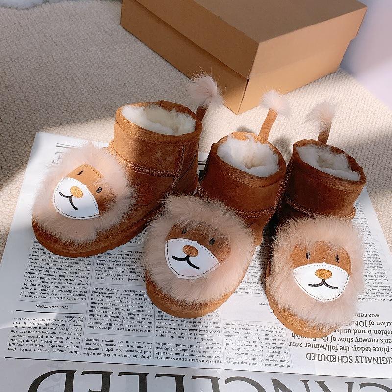 Genuine Leather and Fur Short Boots Little Lion Cartoon Snow Boots for Children Non-slip Warm Cotton Shoes