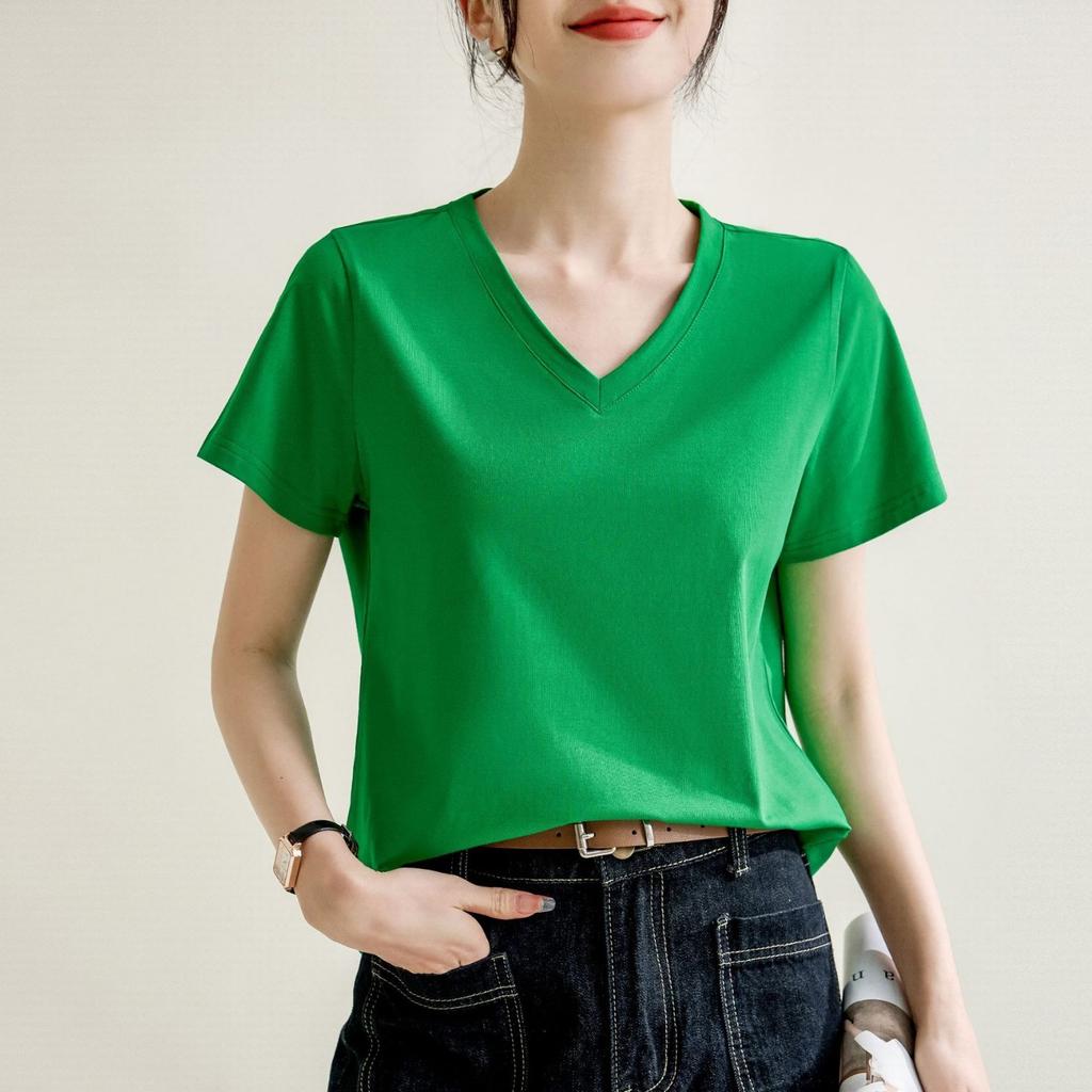 Solid Color Right Shoulder V-neck Cotton T-shirt for Women 2024 Spring and Summer New Style Loose and Slim Inner Pullover Short-sleeved Top
