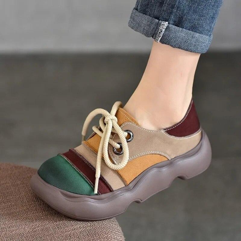 Johnature Genuine Leather Lace-up Thick Soled Shoes Retro Mixed Colors Round Toe Women's Flat Shoes
